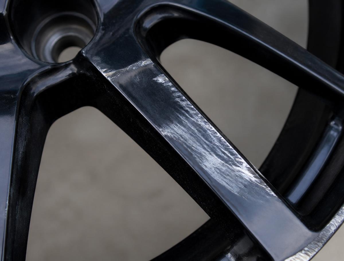 Macro photograph of scuffing and cosmetic gouges on a black painted alloy wheel spoke